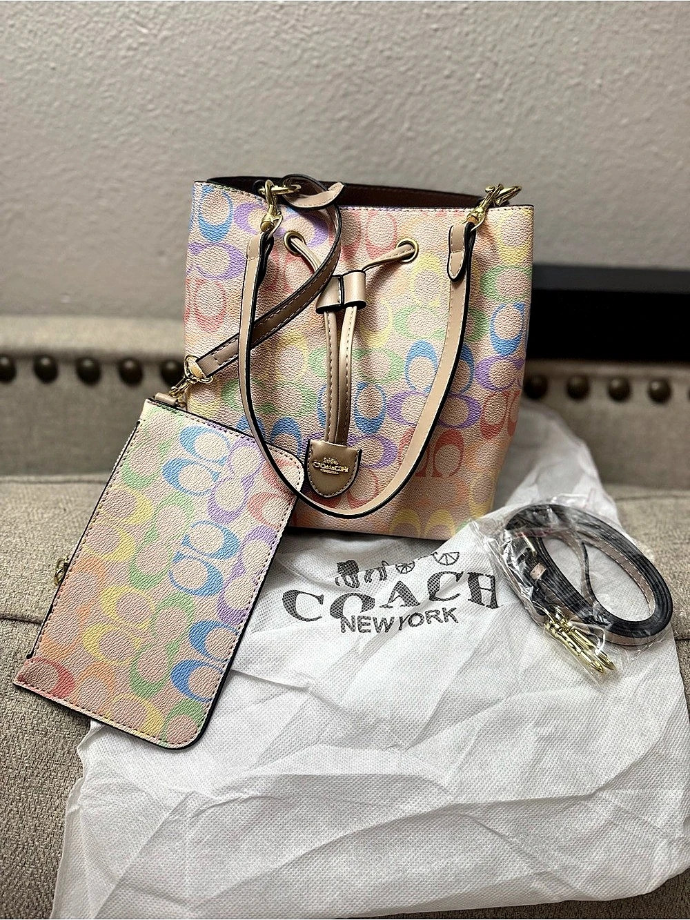Coach Rowan Bucket Bag In Rainbow Signature Canvas Multicolor & Pink